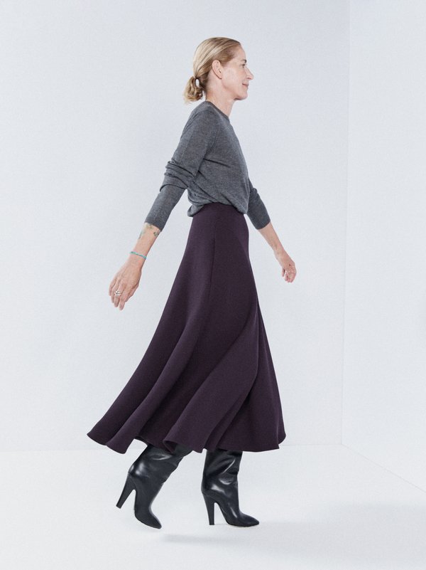 Stretch Wool Crepe Panel Midi Skirt