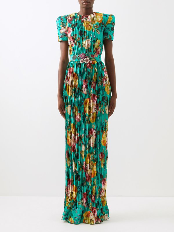 Andrew Gn Floral-print pleated silk-satin gown