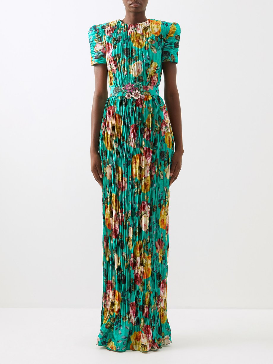 Andrew Gn Floral-print pleated silk-satin gown