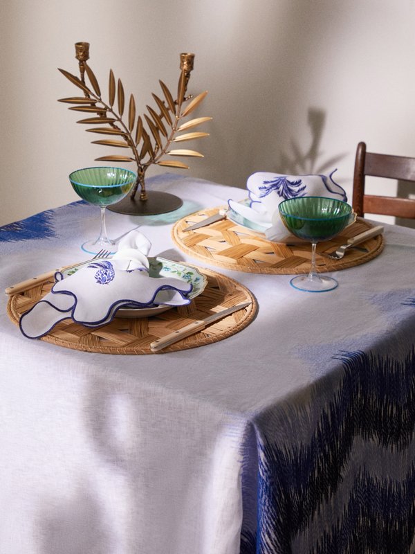 Aquazzura Casa Goa embroidered 160cm x 250cm linen tablecloth