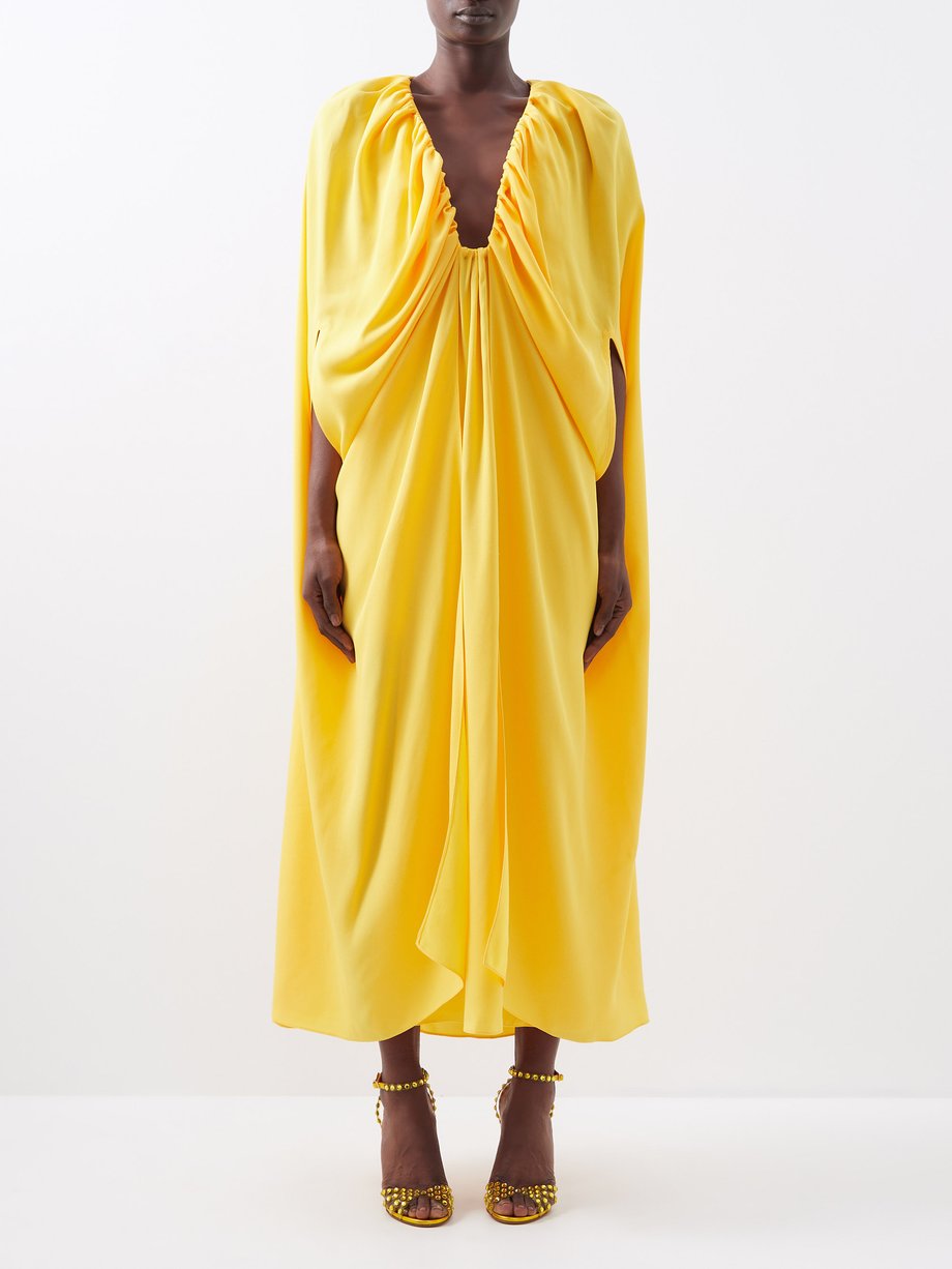 Yellow Emilia plunge-front draped satin cape dress | Raquel Diniz ...