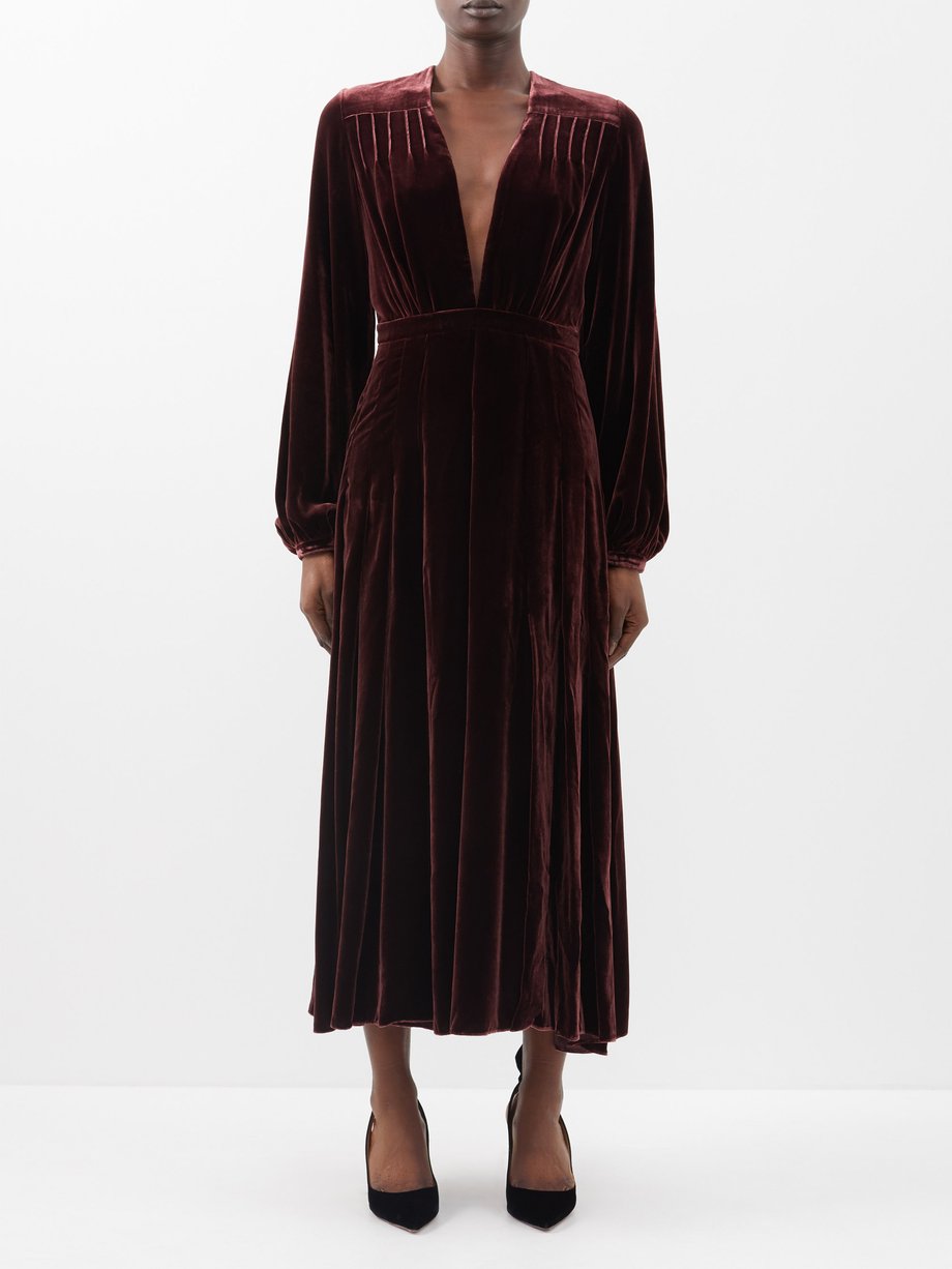 Burgundy Clara pintucked velvet dress | Raquel Diniz | MATCHES UK