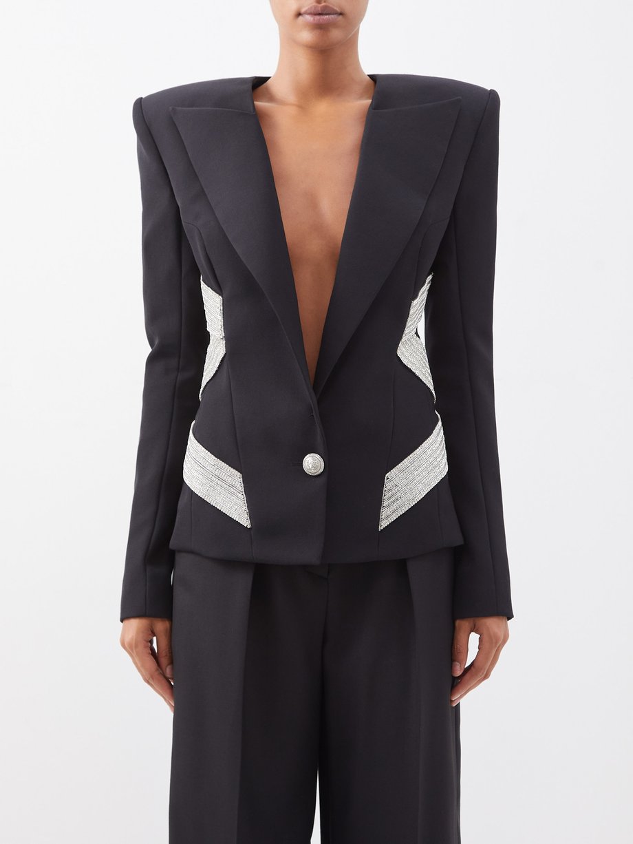 Black Crystal-embellished wool suit jacket | Balmain | MATCHES UK