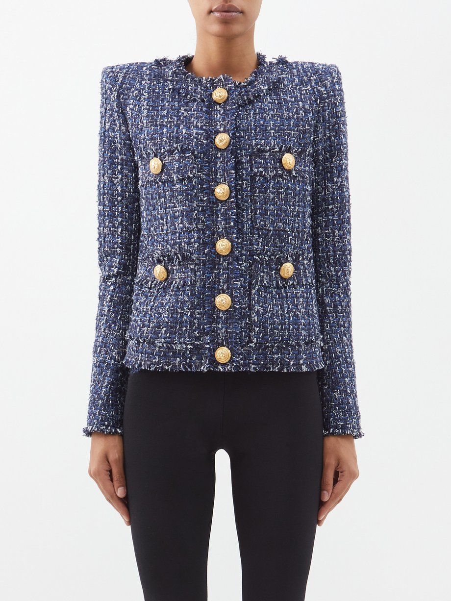 Blue Fringed buttoned denim-tweed jacket | Balmain | MATCHESFASHION UK