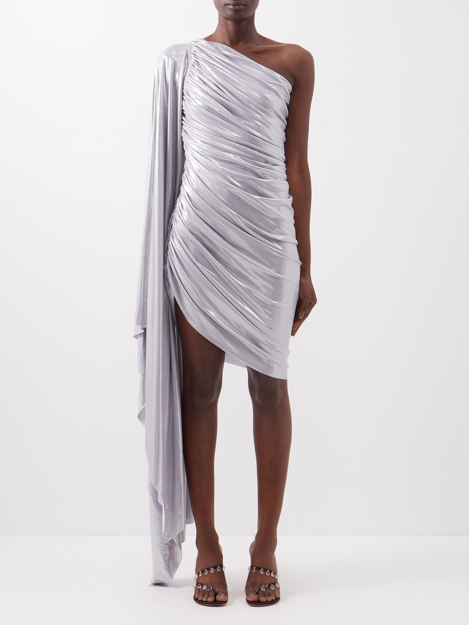 Silver Diana draped-sleeve ruched lamé dress | Norma Kamali ...