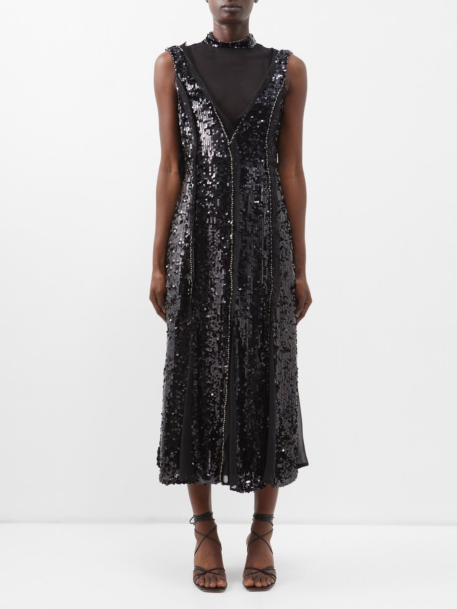 Black Tyana tulle-insert sequinned midi dress | Erdem | MATCHESFASHION US