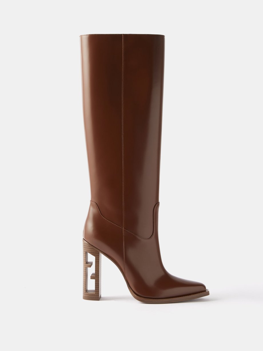 Brown FF-heel leather knee-high boots | Fendi | MATCHESFASHION AU