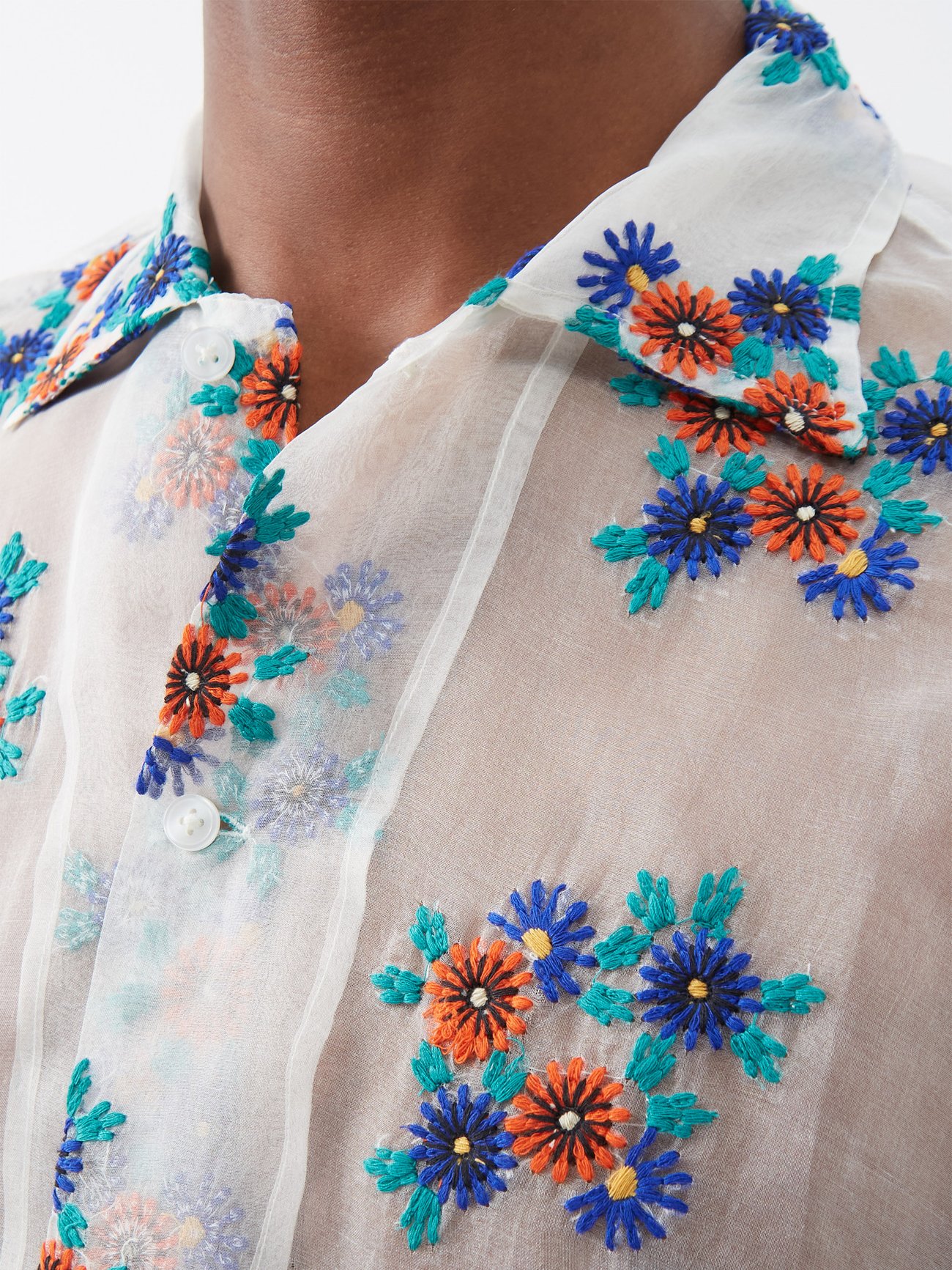 White Short-sleeved floral-embroidered silk shirt | Bode