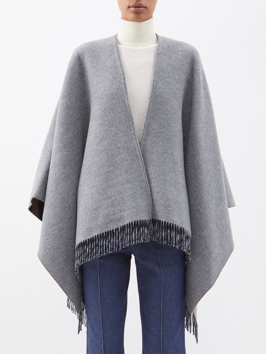 FENDI: poncho in wool and silk blend with FF jacquard pattern - Grey