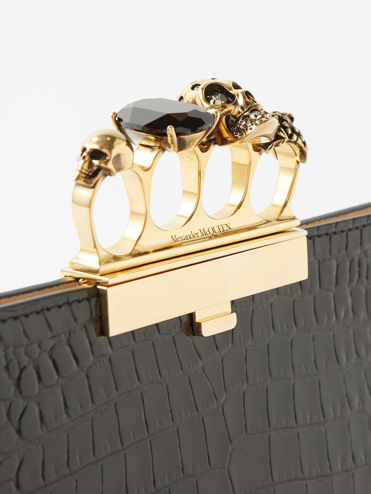 Black Skull Four-Ring croc-effect leather clutch bag, Alexander McQueen