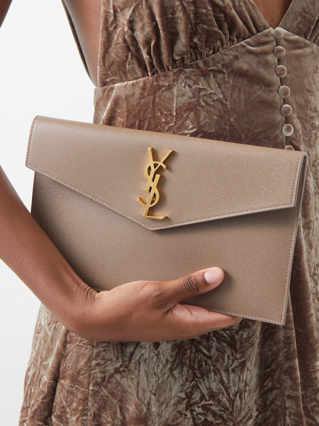 Beige Uptown YSL-plaque grained-leather clutch bag