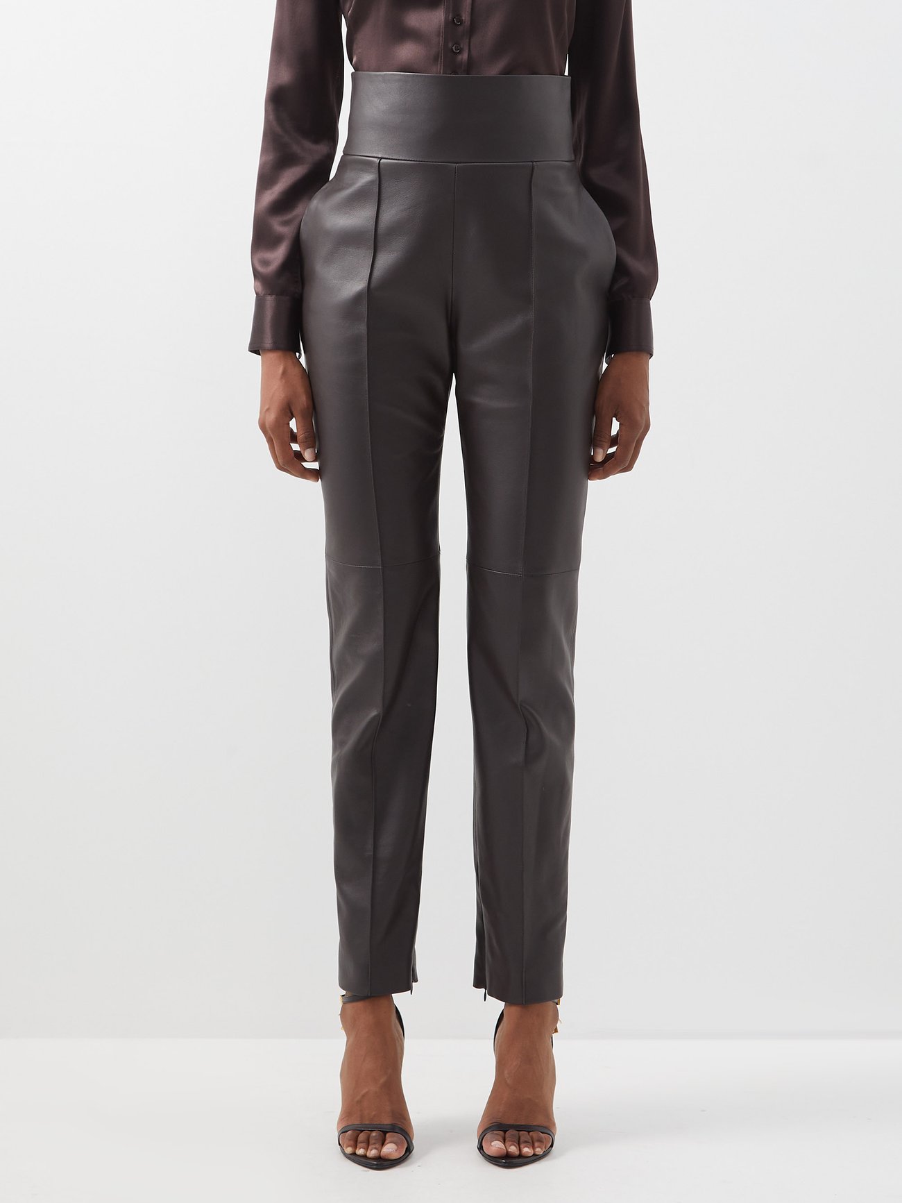High-rise slim leather pants in brown - Alexandre Vauthier