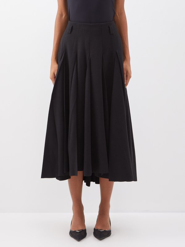 Black Pleated wool-twill flared midi skirt, Prada
