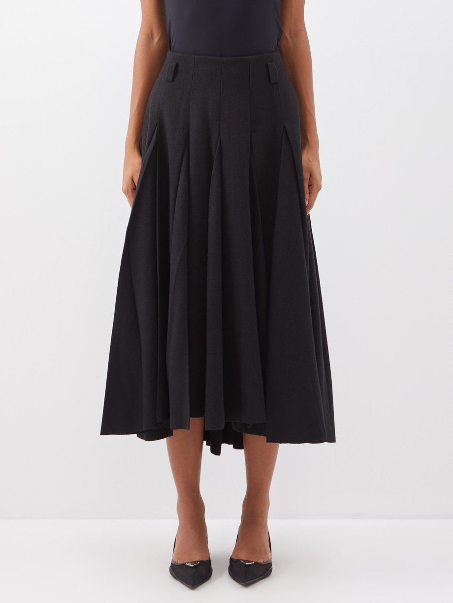 Black Pleated wool-twill flared midi skirt | Prada | MATCHESFASHION UK