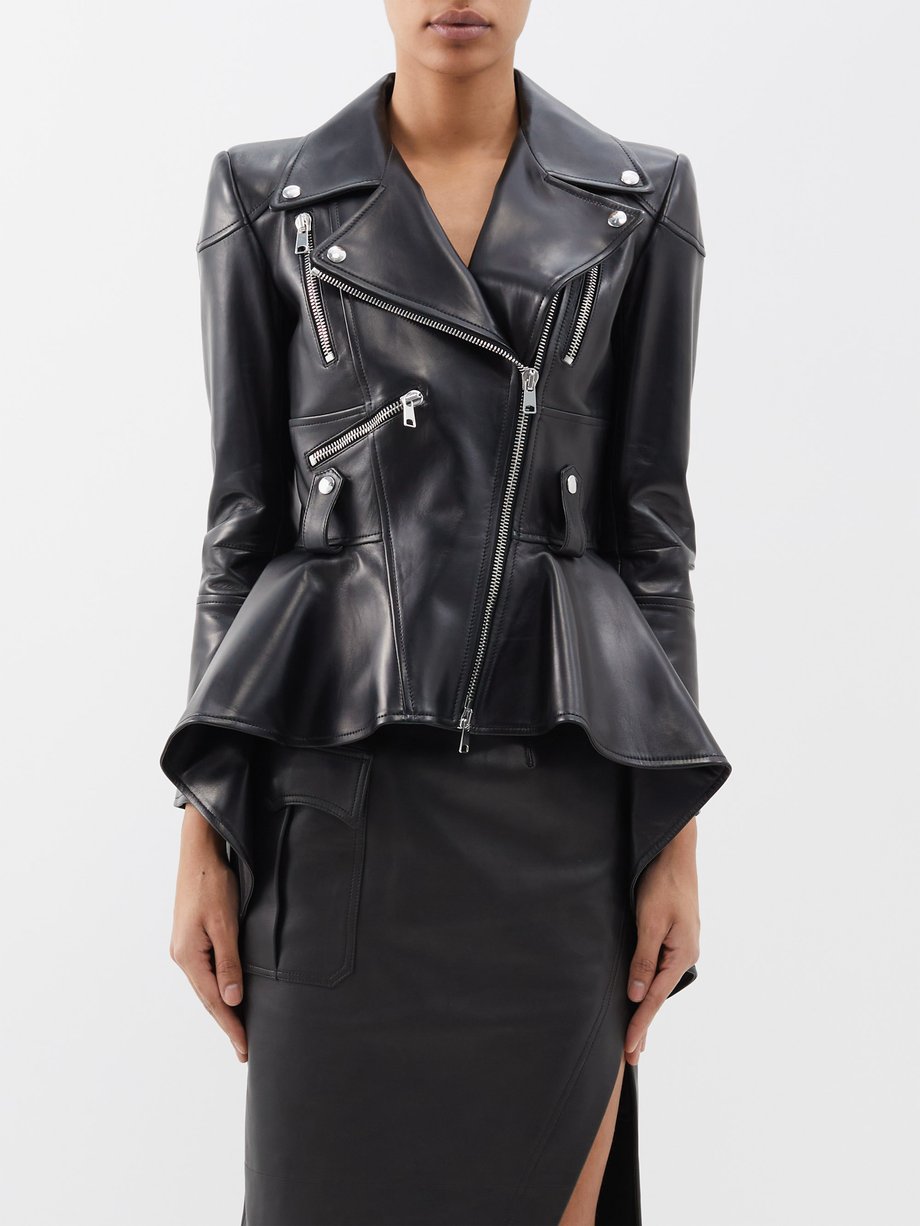 Black Peplum leather jacket | Alexander McQueen | MATCHESFASHION UK