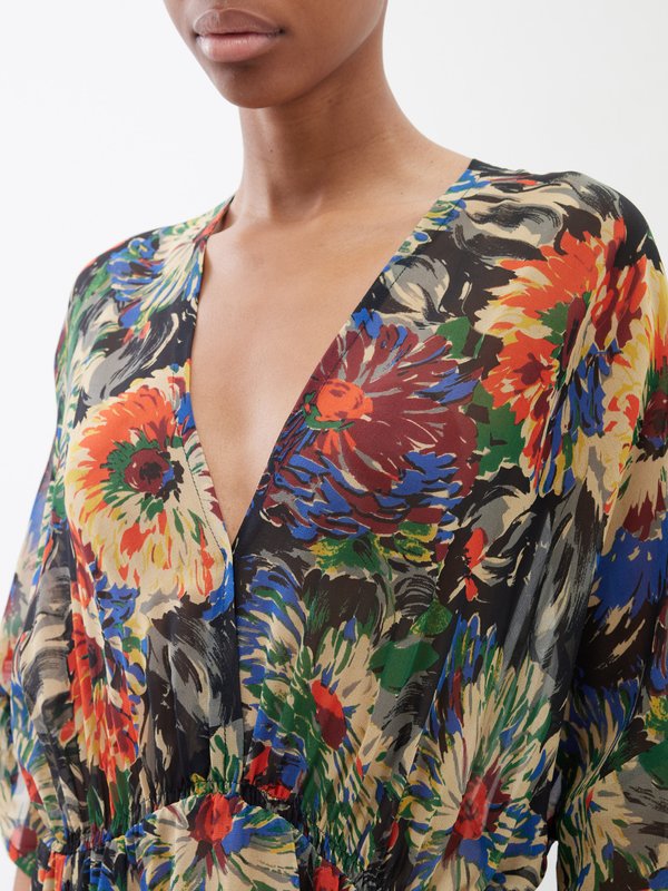 Raey Chrysanthemum print elasticated-waist silk dress