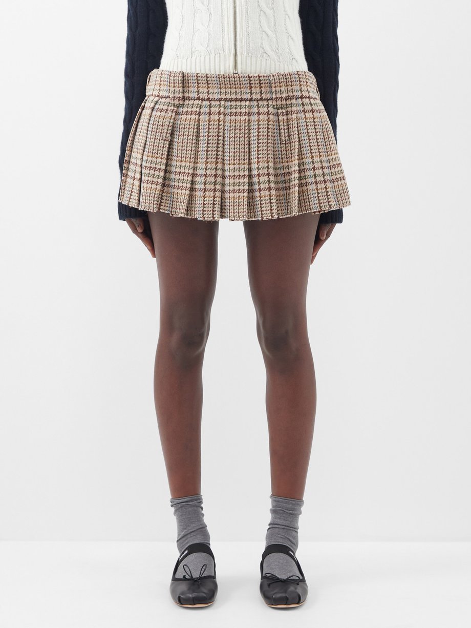 Brown Pleated tartan-wool mini skirt | Miu Miu | MATCHES UK