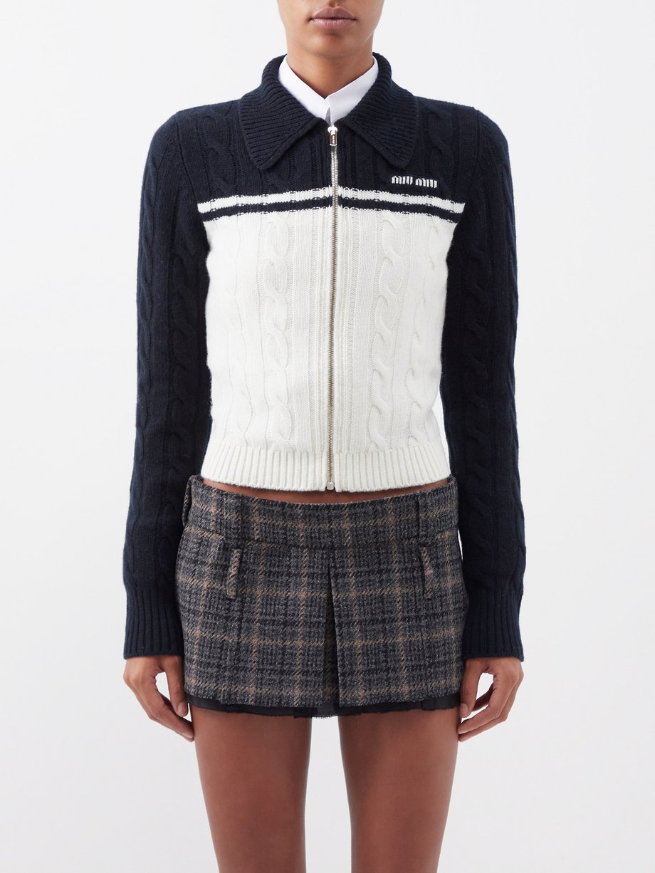 Miu Miu Miu Miu Cable-knit wool-blend zip cardigan Navy
