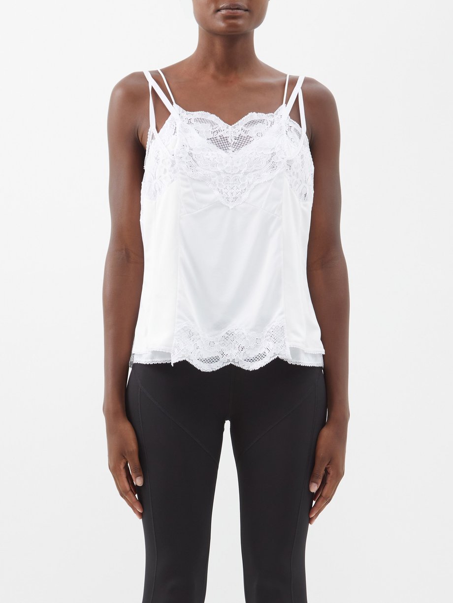 White Patched lace-trim layered satin cami top