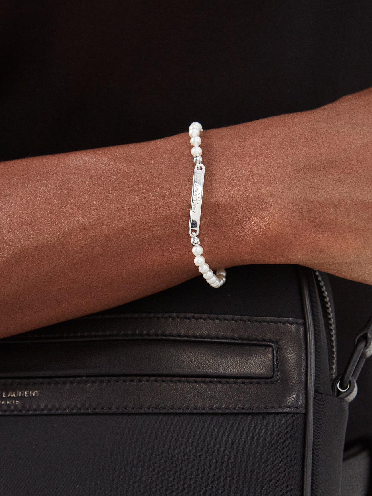 Silver Faux-pearl & logo-plaque bracelet | Saint Laurent