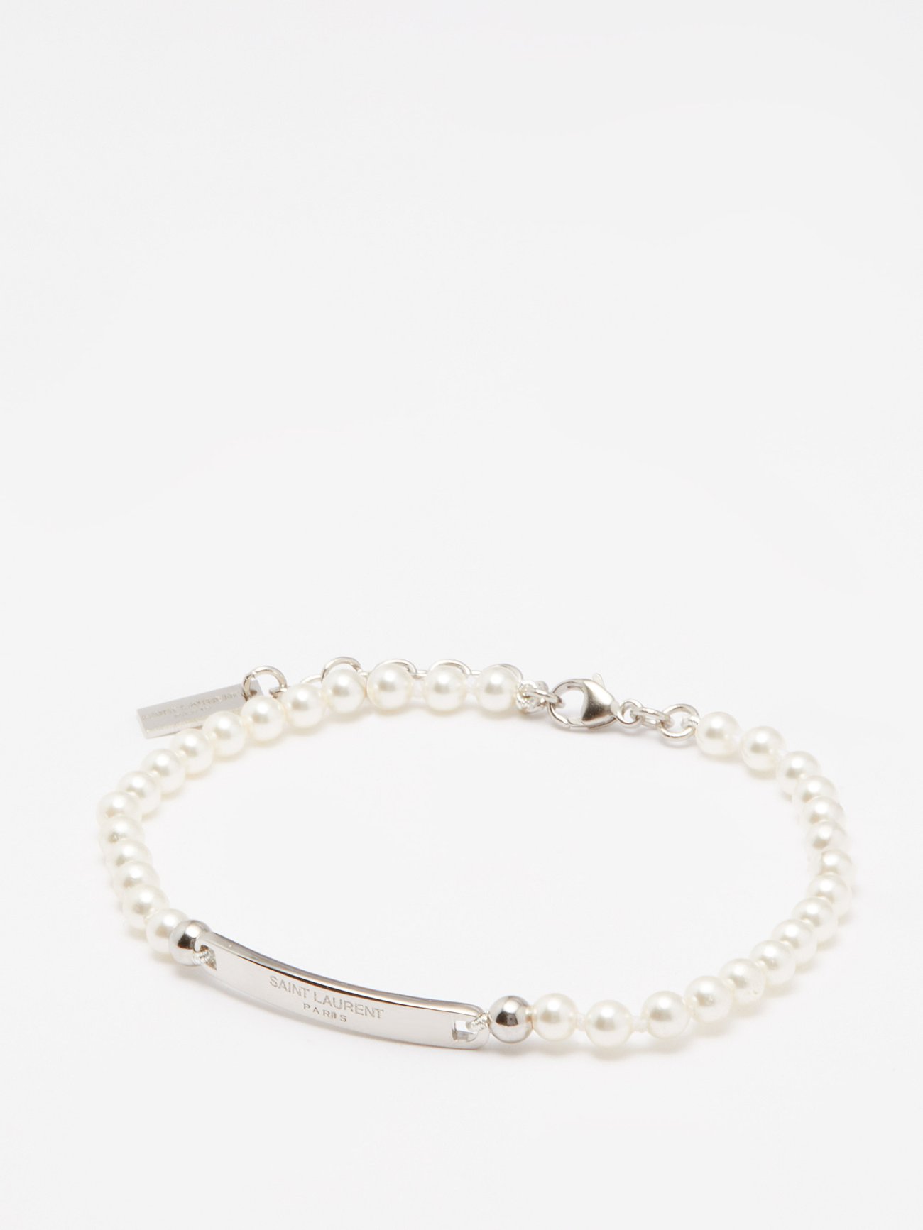 Silver Faux-pearl & logo-plaque bracelet | Saint Laurent