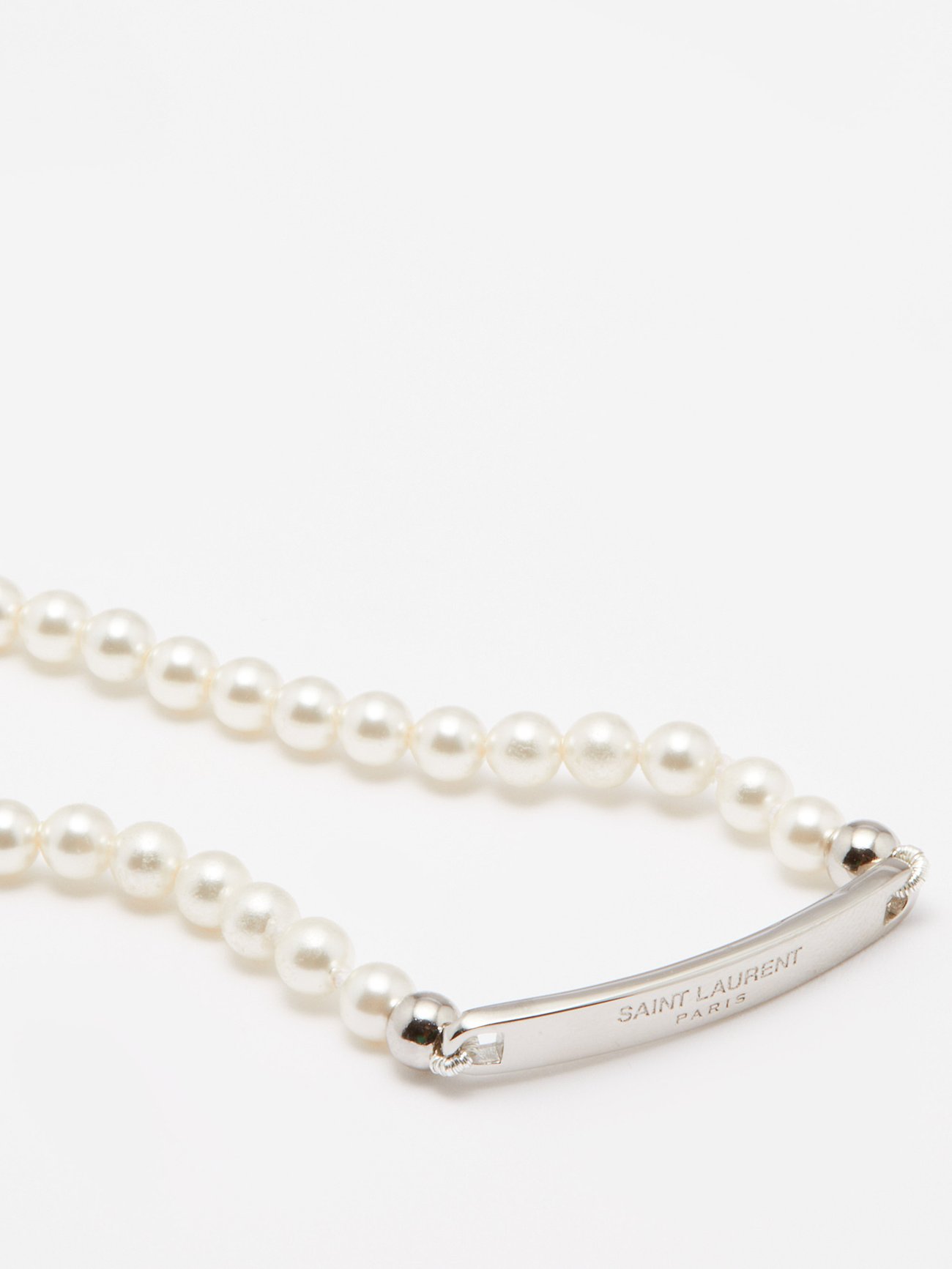 Silver Faux-pearl & logo-plaque bracelet | Saint Laurent