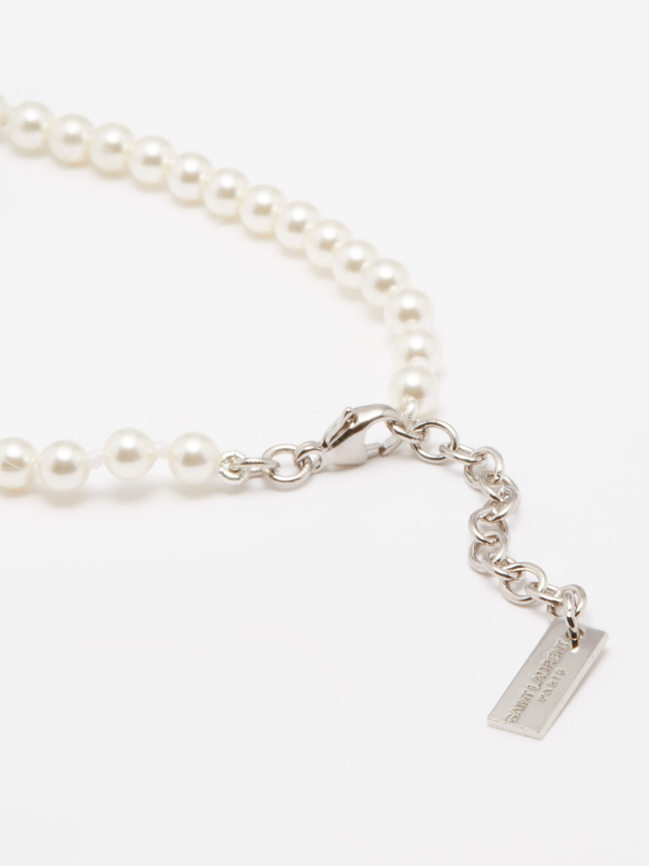 Silver Faux-pearl & logo-plaque bracelet | Saint Laurent