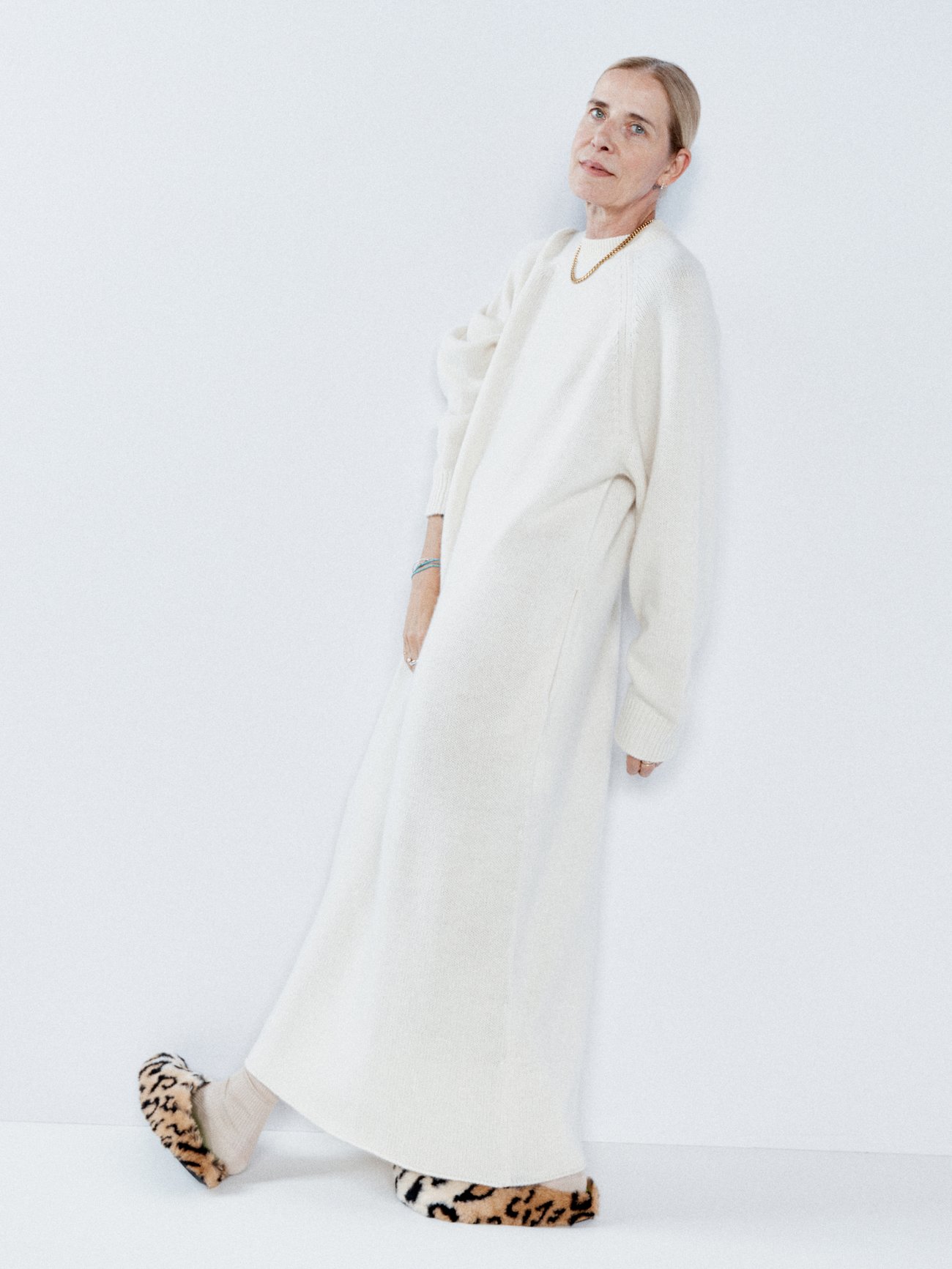 Raey’s purist vision echoes throughout this ivory maxi dress. It’s responsibly knitted in Nepal from a soft blend of recycled cashmere to a relaxed fit with raglan sleeves.
Shown here with: Balenciaga Leopard faux-fur slides