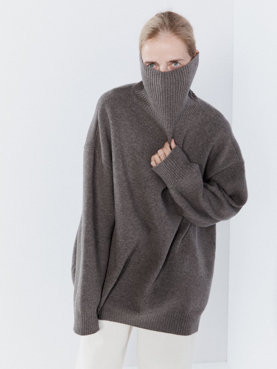 Grey Wool displaced-sleeve roll-neck jumper, Raey