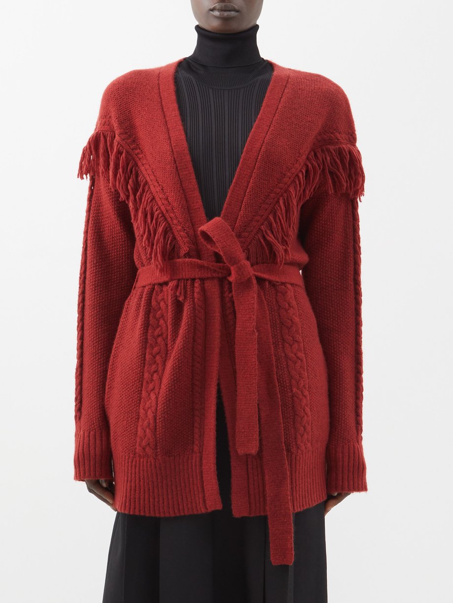 Burgundy Trailblazer fringed cable knit cardigan Altuzarra