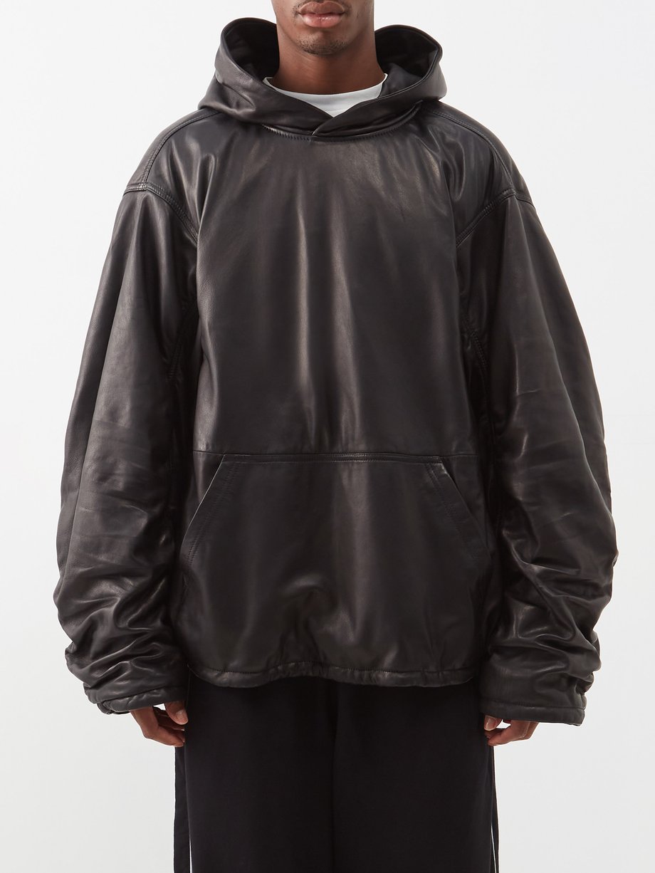Black Ruched-sleeve leather hooded sweatshirt | Balenciaga ...