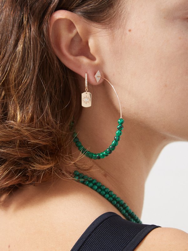 Diane Kordas Malachite, diamond and 18k rose gold hoop earrings