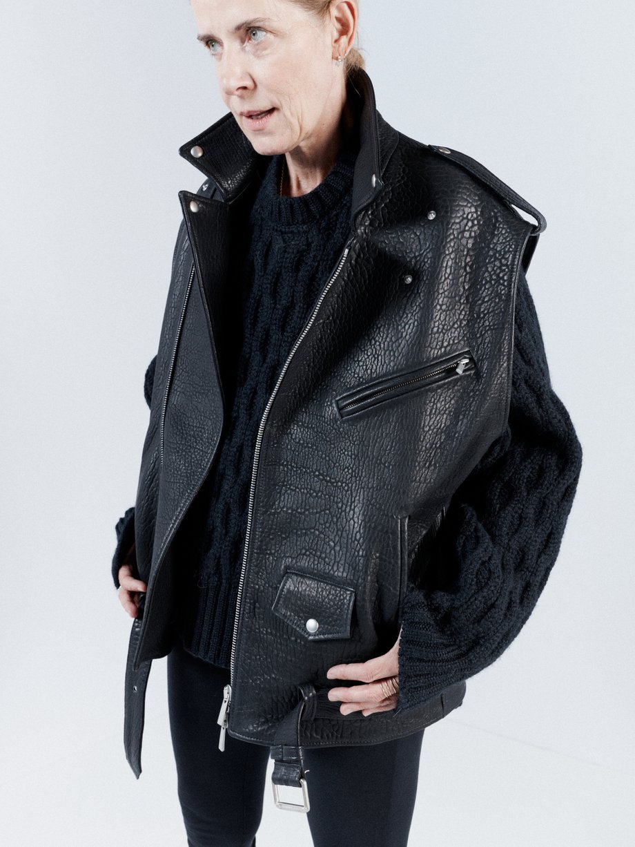 Black Sleeveless leather biker jacket, Raey