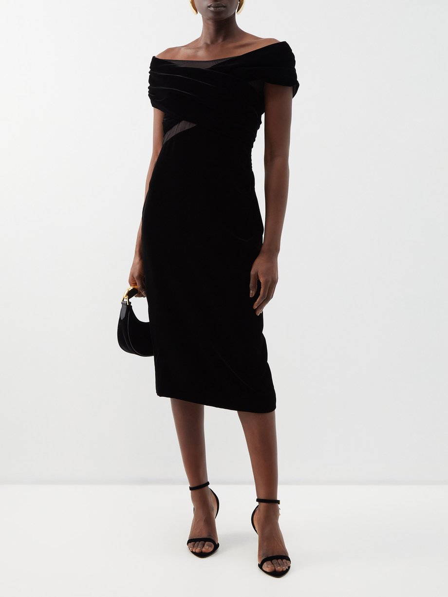 Black Mesh-insert off-the-shoulder velvet dress | Tom Ford ...