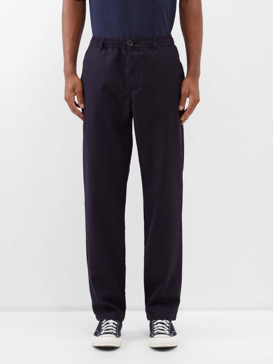 Navy Drawstring-waist cotton and wool twill trousers | Oliver Spencer ...