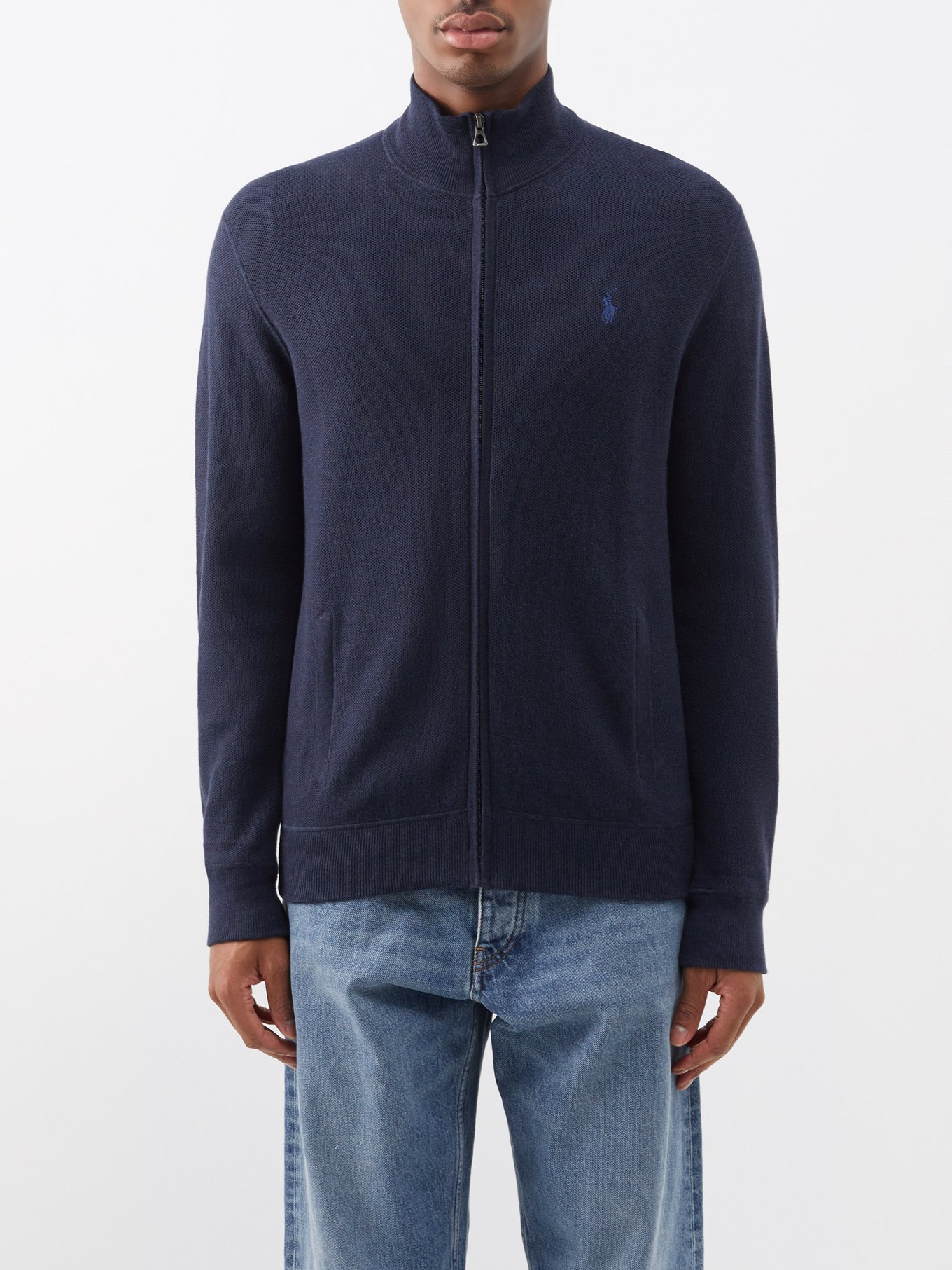 Navy High-neck zip-front cotton-piqué sweater | Polo Ralph Lauren |  MATCHESFASHION US