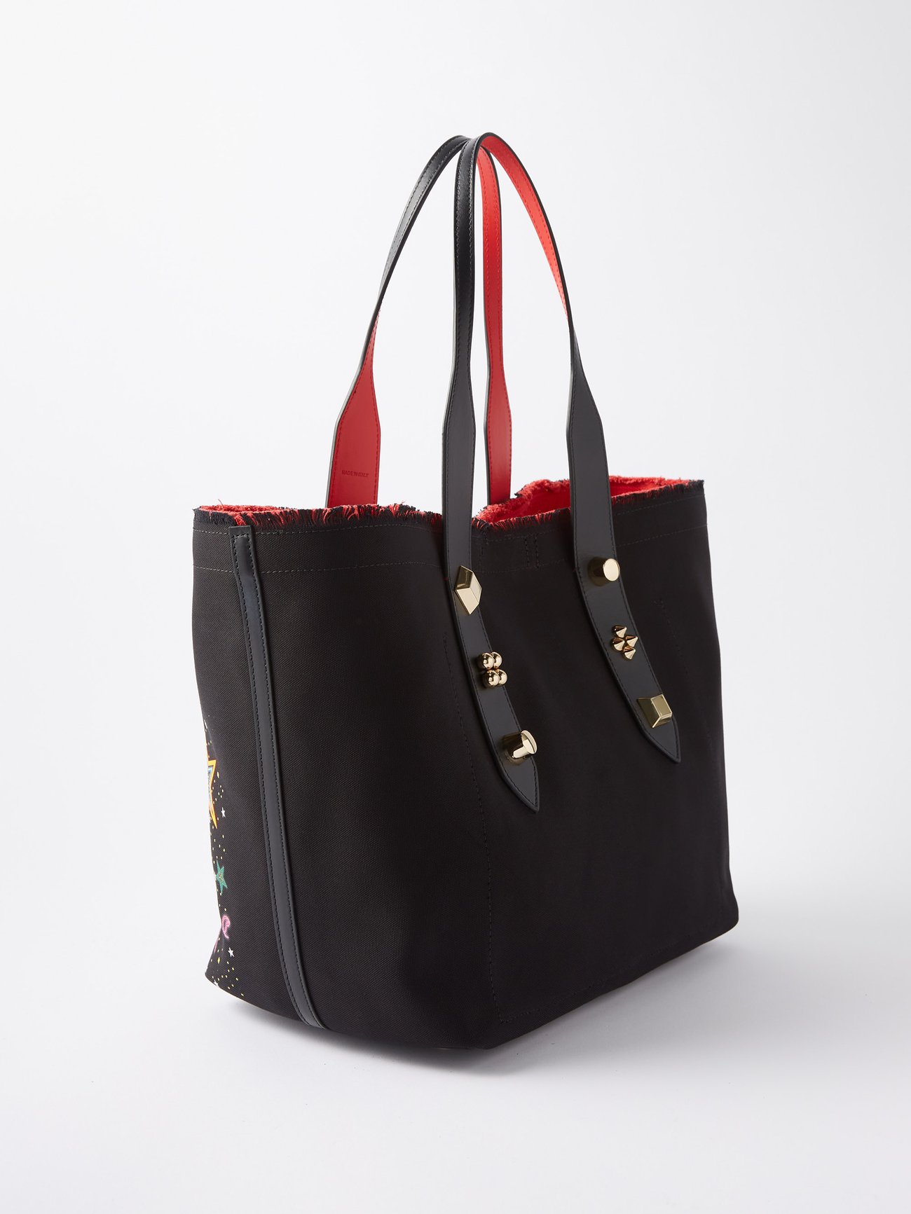Luxury handbag - Frangibus Christian Louboutin small tote bag in white  fabric and colored inserts