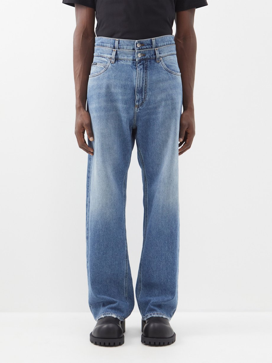 Blue Double-waistband wide-leg jeans