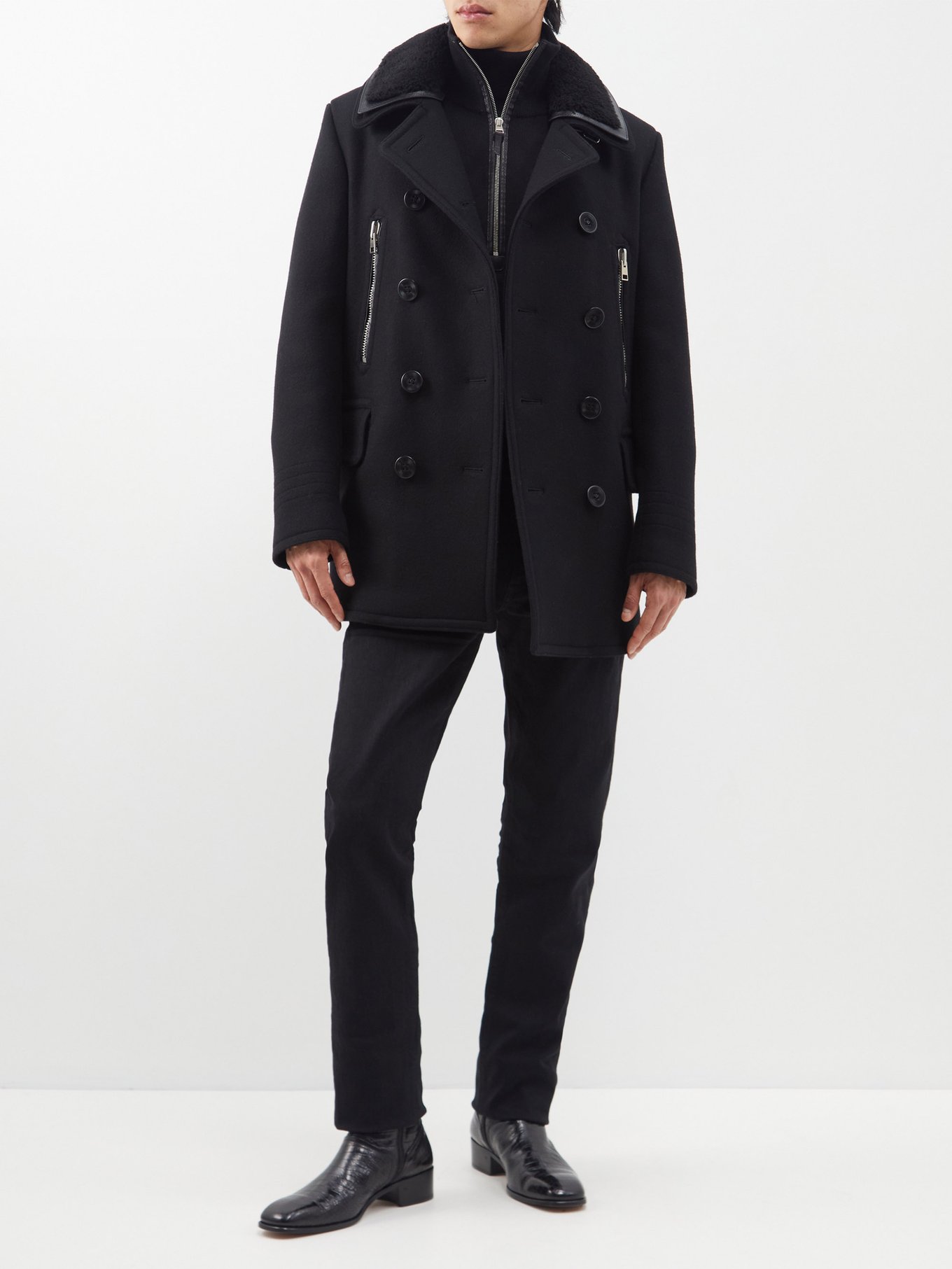 Black Shearling-collar double-felt wool-blend peacoat | Tom Ford |  MATCHESFASHION US