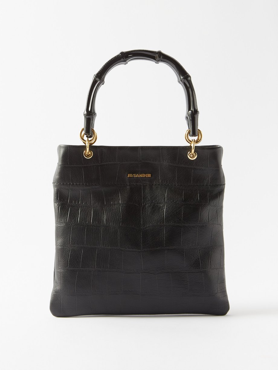 Black Black bamboo-handle croc-embossed leather tote bag