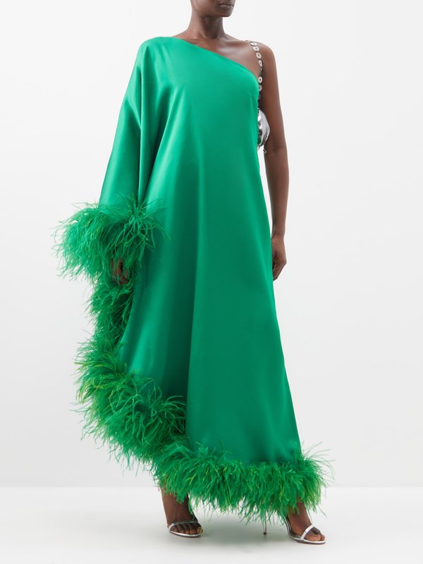 Green Extravaganza one-shoulder feather-trim crepe gown | Taller Marmo ...