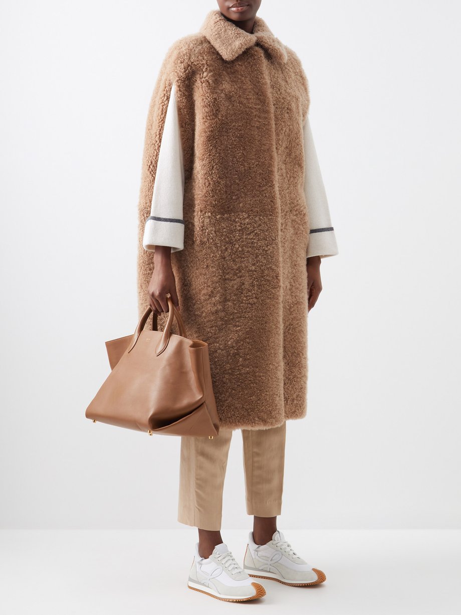 Brown Cape-sleeve curly cashmere shearling coat | Brunello Cucinelli ...