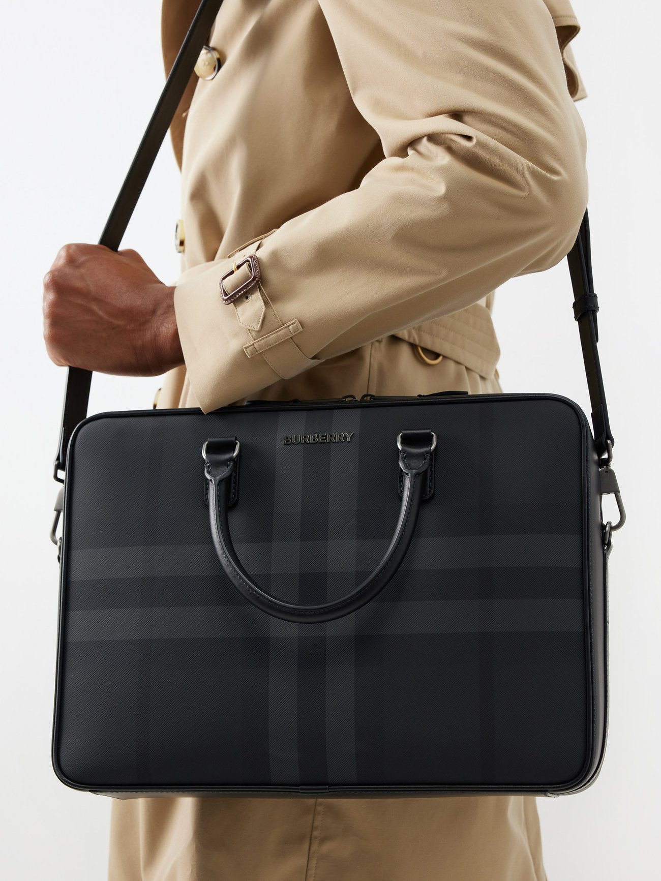 Burberry Coated Canvas Top Handle Briefcase Check Bag Shoulder 