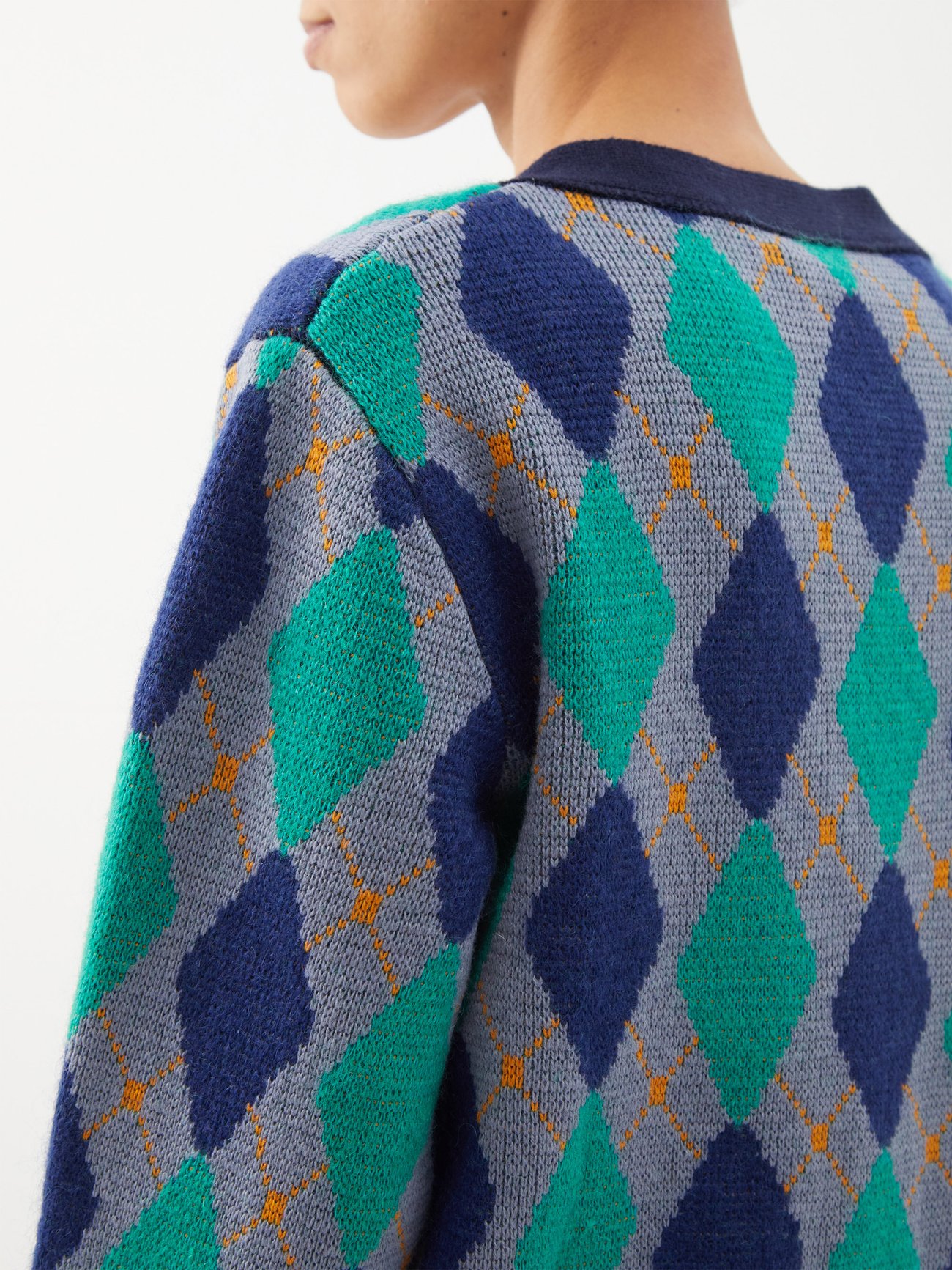 Blue Argyle-knit wool cardigan | Wales Bonner | MATCHESFASHION US