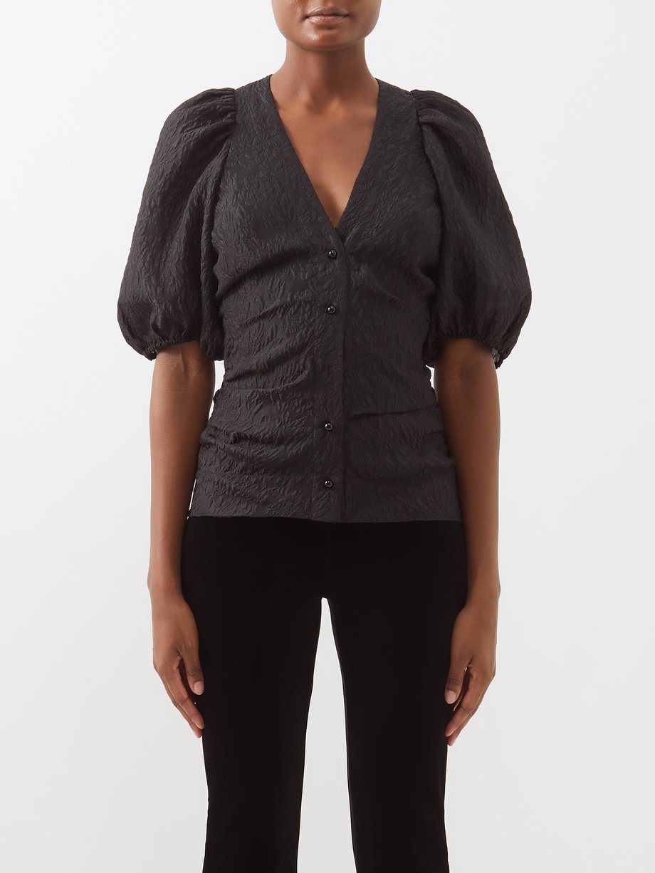 Puff-sleeved buttoned jacquard top video