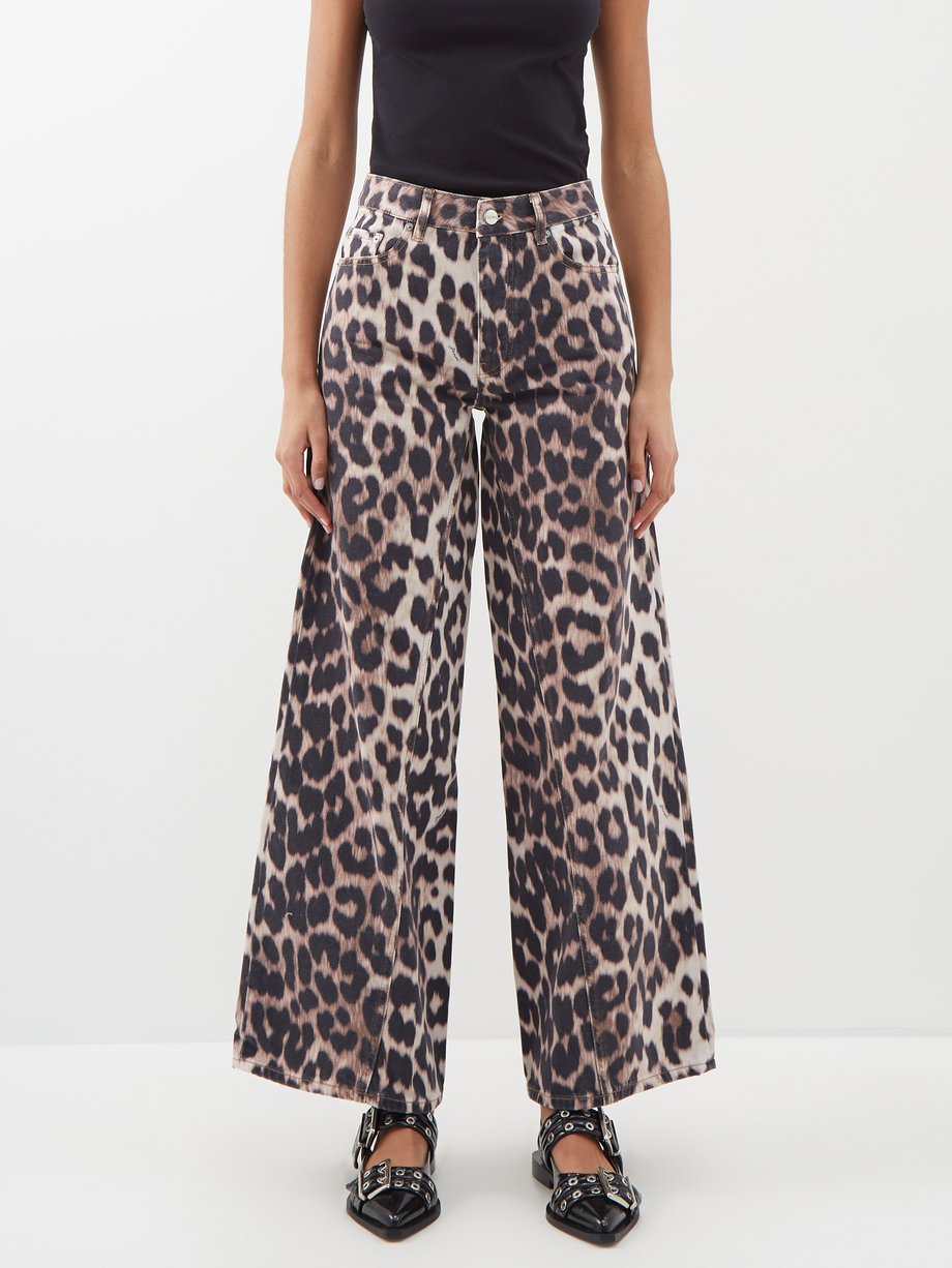 GANNI Brown Twisted-seam leopard-print organic wide-leg jeans