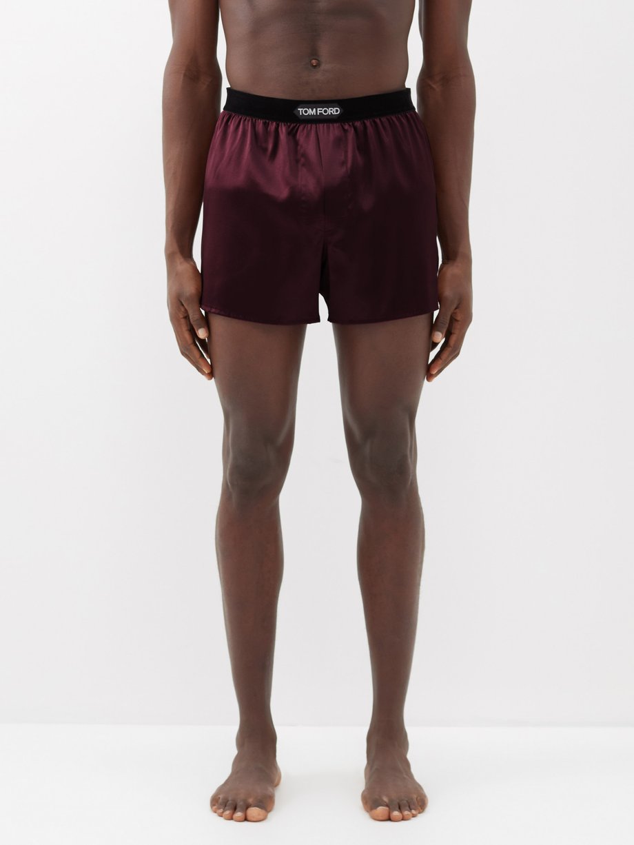 Burgundy Logo-patch silk-blend satin boxer shorts