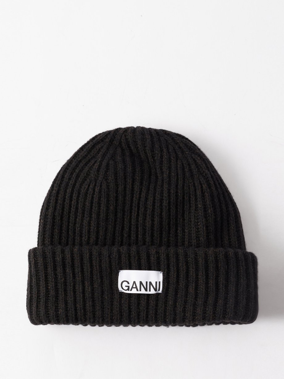 De kerk Kunstmatig Getand Black Logo-patch wool-blend beanie hat | Ganni | MATCHESFASHION US