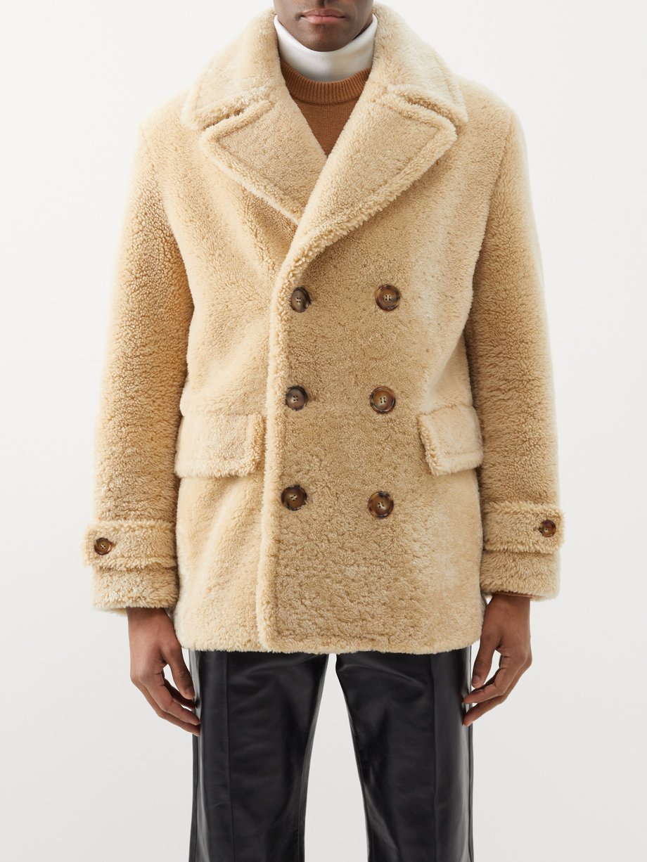 Beige Double-breasted shearling peacoat | MATCHESFASHION US