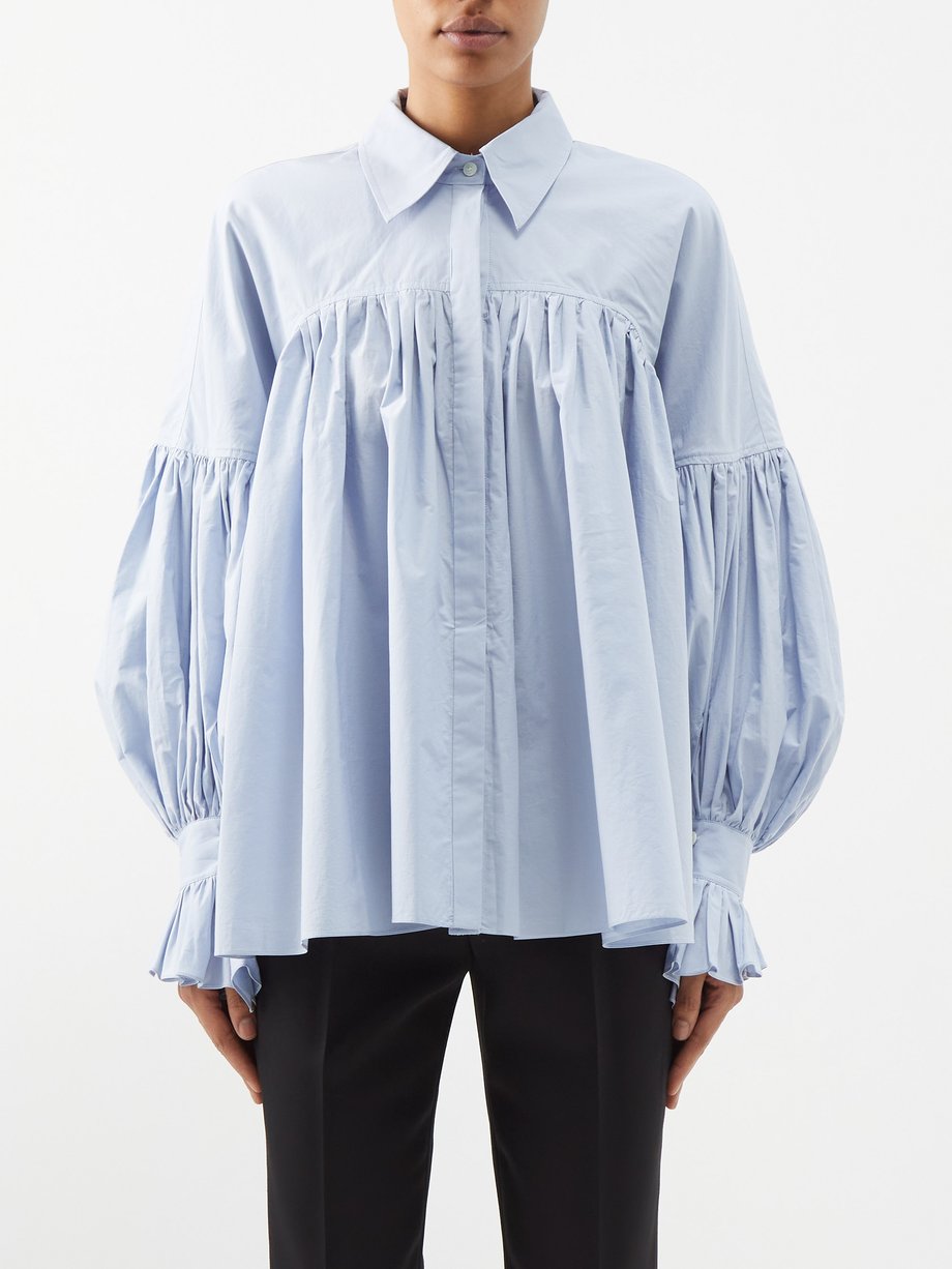 Blue Collie balloon-sleeve washed cotton-poplin shirt | Khaite ...